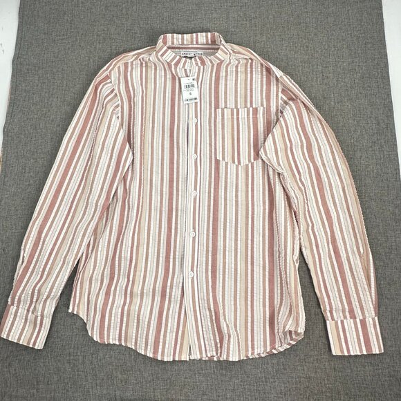 NEW And Now This Button Down Shirt Collared Stripes Small Brown Tan Cotton Blend - Picture 5 of 11